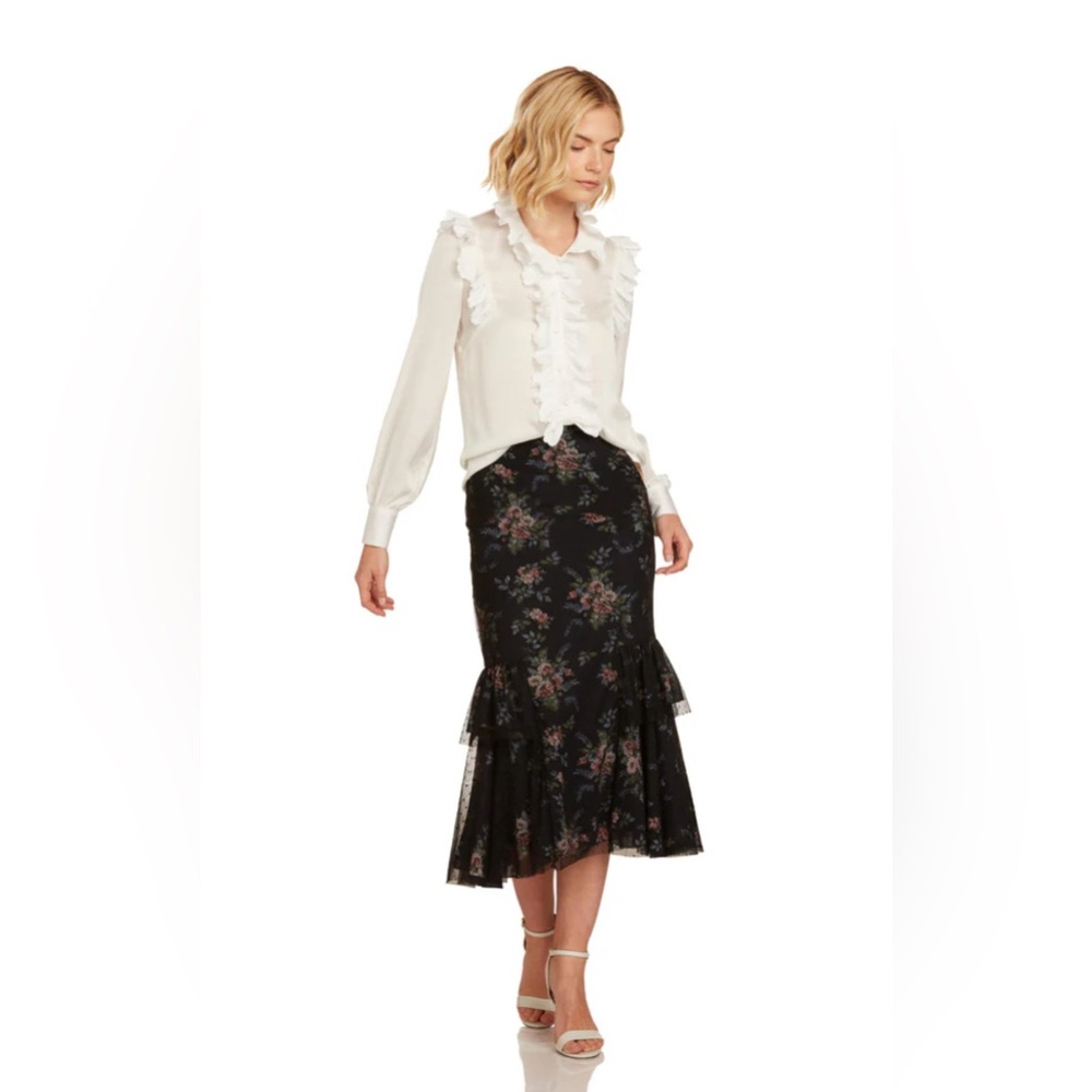 TRISH SCULLY Midi Skirt Ruffled Tulle Sheer Lined Green Black Dark Floral Size 6